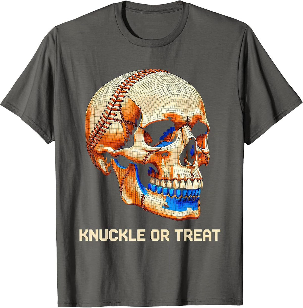 Knuckle Or Treat Pixel Art Skeleton Baseball Halloween T-Shirt - Asphalt Grey