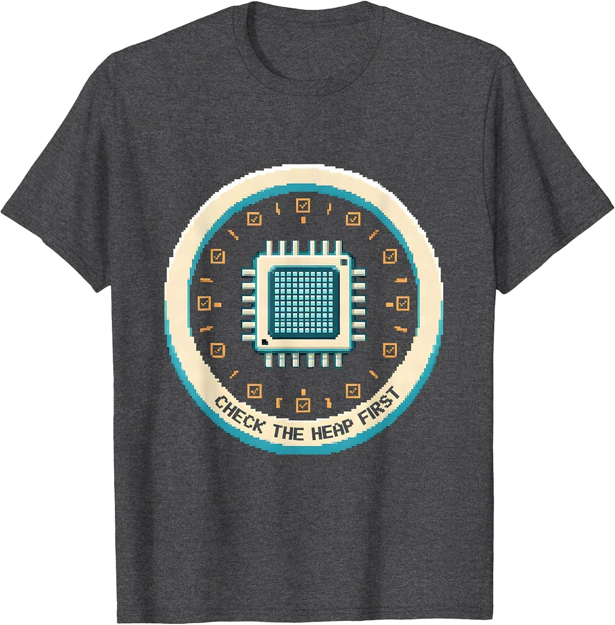 Check The Heap First Pixel Art IT Support Programmer Humor T-Shirt - Dark Heather Grey