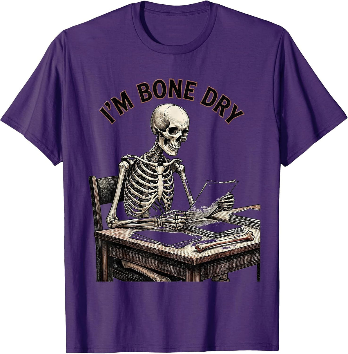 Men's I'm Bone Dry Crosshatch Etching Halloween Skeleton Humor T-Shirt - Purple