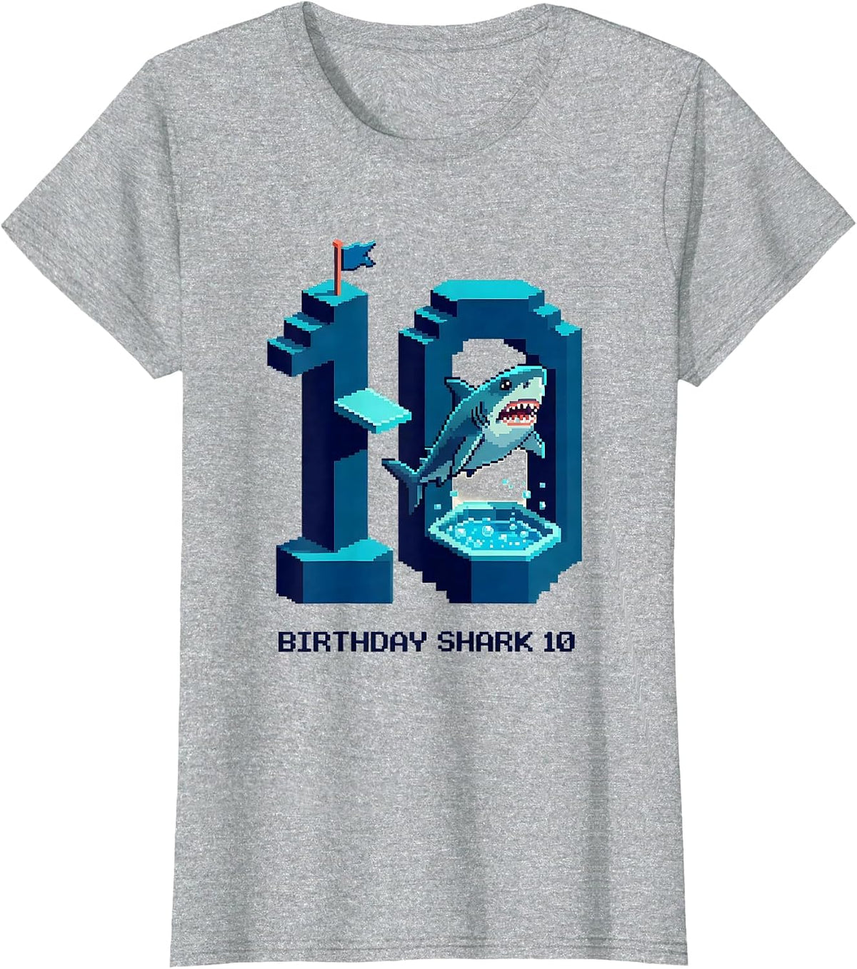 Women's Birthday Shark 10 Pixel Art Kids Ocean Party Age 10 T-Shirt - Heather Grey