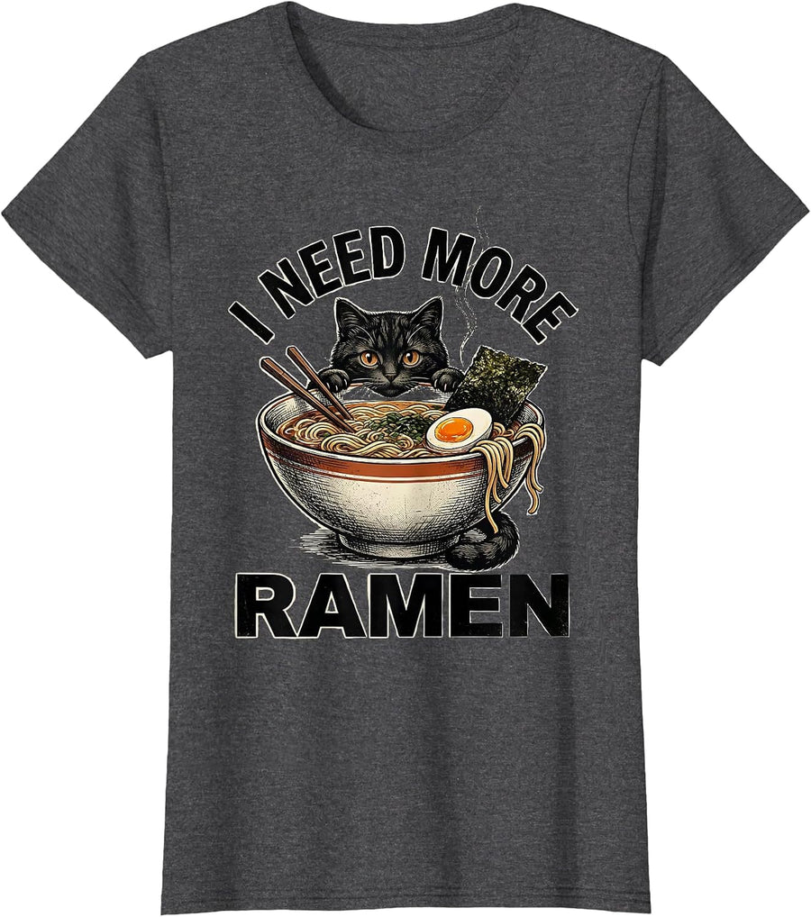 Women's I Need More Ramen Vintage Kawaii Cat Anime Ramen Cat Lover T-Shirt - Dark Heather Grey