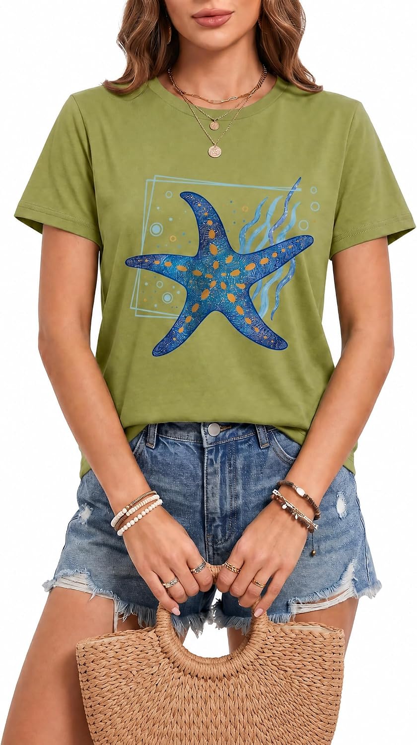 Women's Cute Animal Print Crewneck Short Sleeve Summer Tee - D25-green