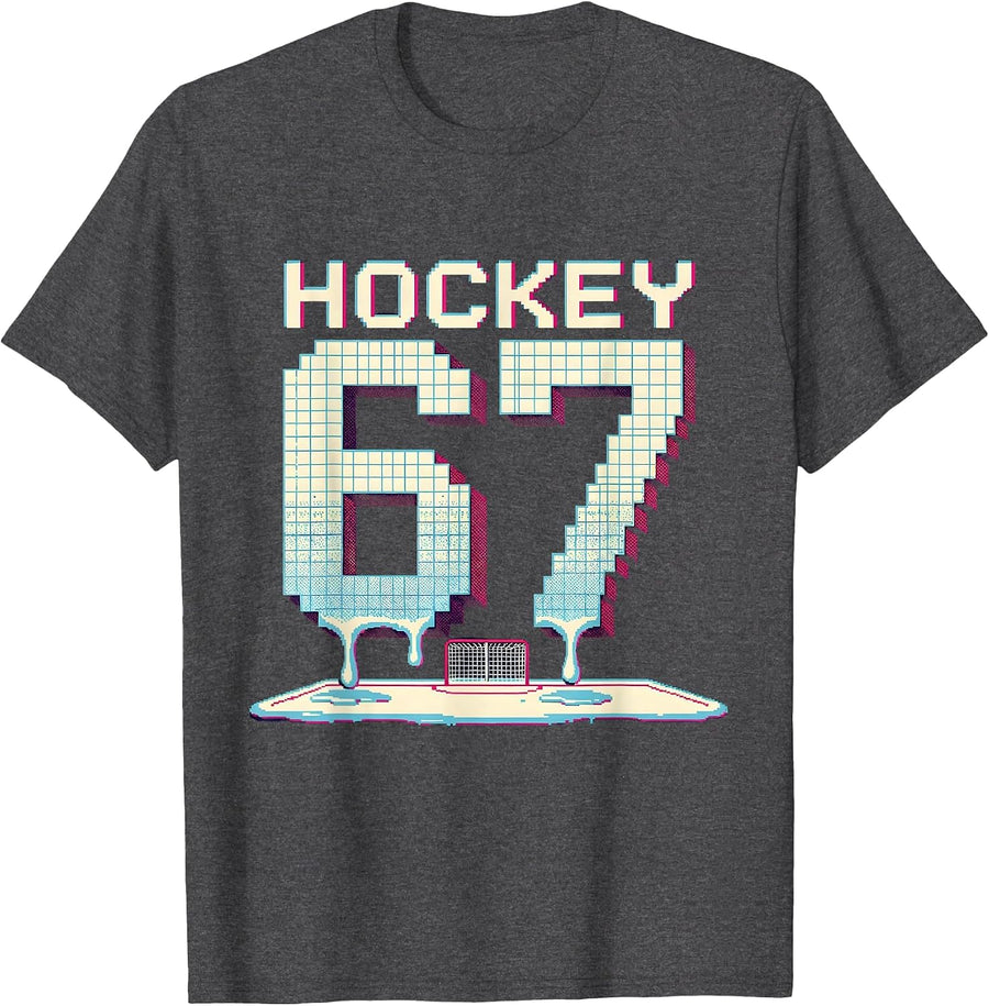 Men's Hockey 67 Pixel Art Meme Sports Kid Humor T-Shirt - Dark Heather Grey