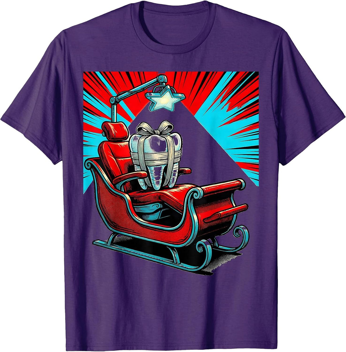 Dental Chair Santa Sleigh Pop Art Dentist Christmas T-Shirt - Purple