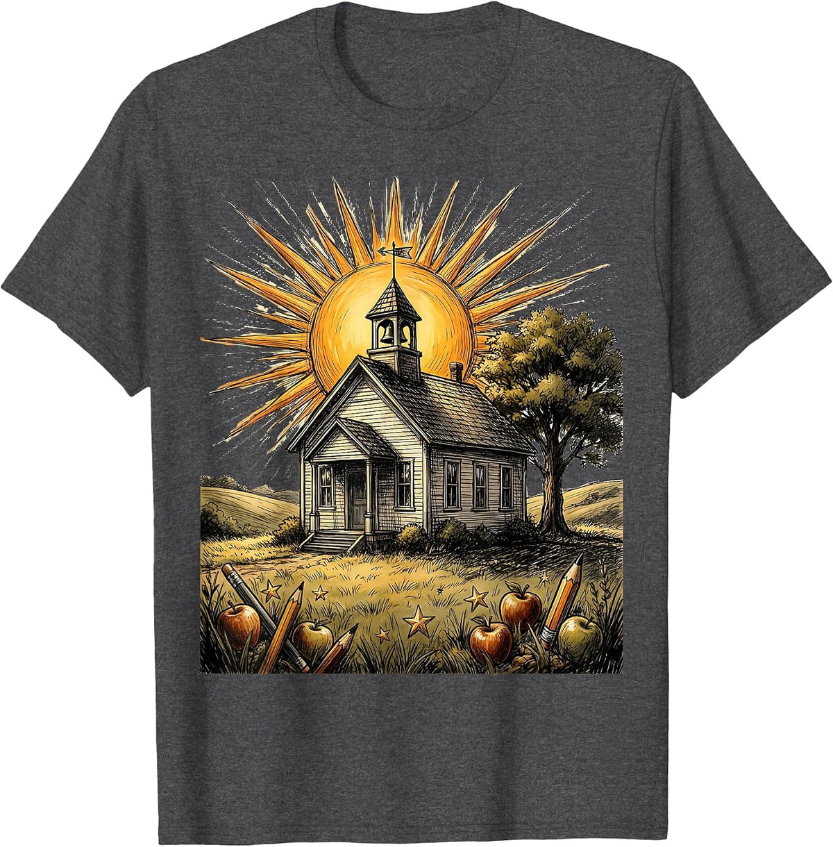 First Grade Teacher Schoolhouse Sunrise Graphic T-Shirt - Dark Heather Grey