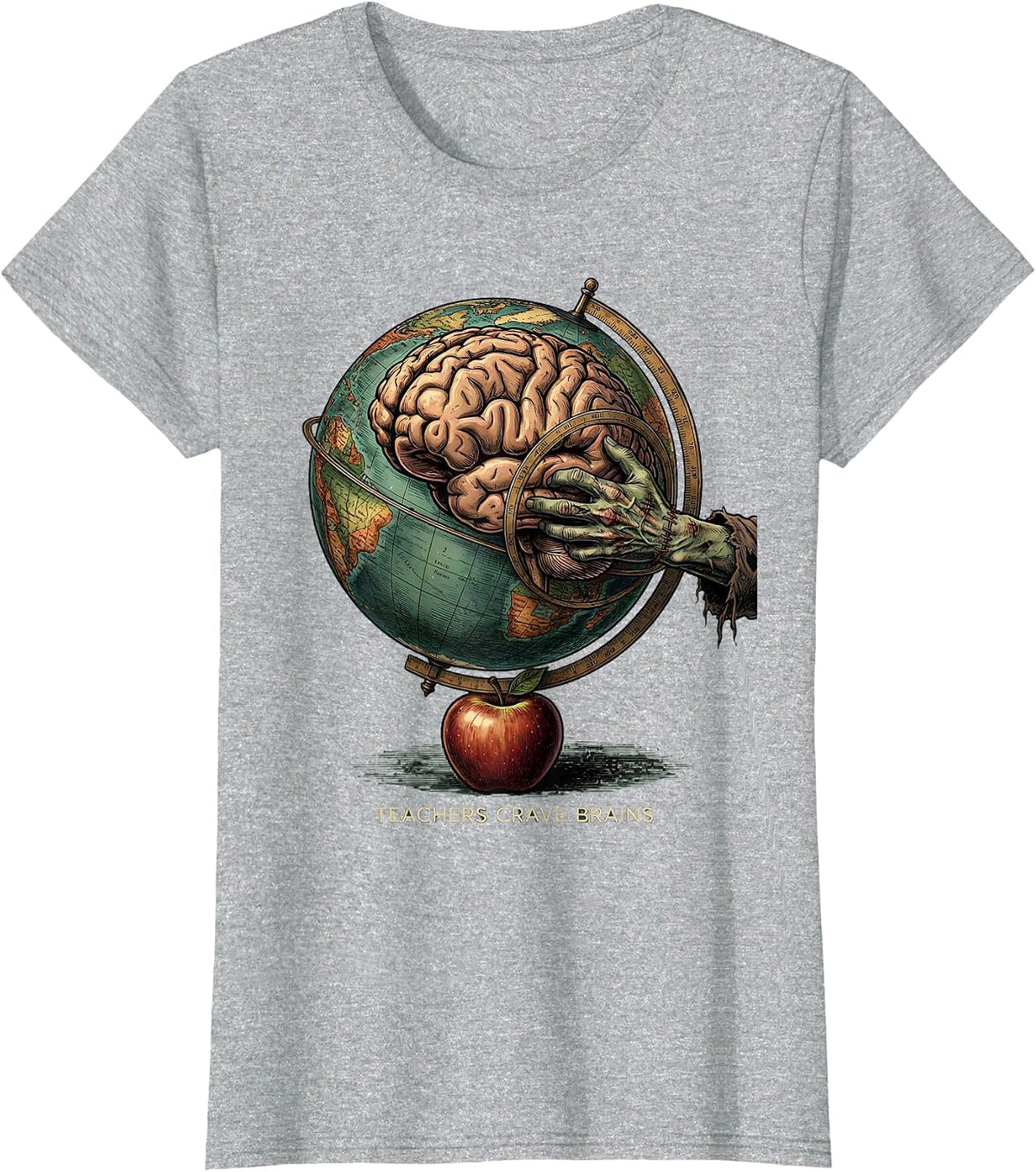 Women's Teachers Crave Brains Vintage Funny Zombie Teacher Halloween T-Shirt - Heather Grey