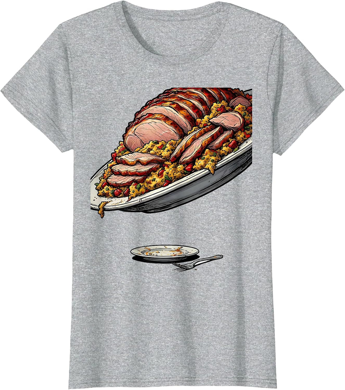 Giant Turkey Plate Funny Thanksgiving Matching Crew T-Shirt - Heather Grey