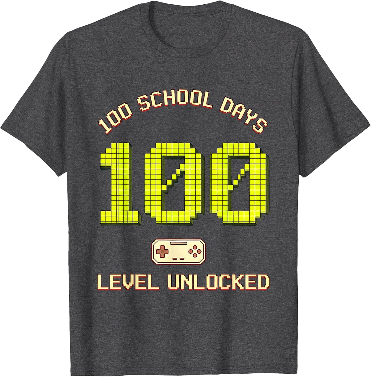 100 School Days Level Unlocked Pixel Art Gamer Milestone T-Shirt - Dark Heather Grey