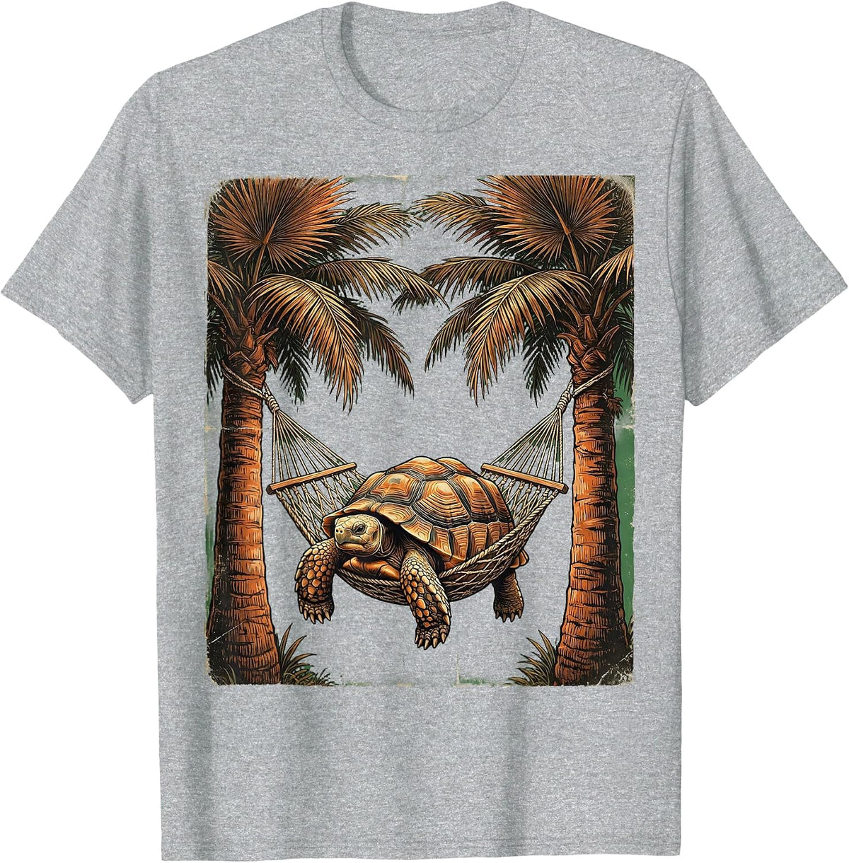 Men's Tortoise Hammock Chill Tropical Palm Tree Design T-Shirt - Heather Grey