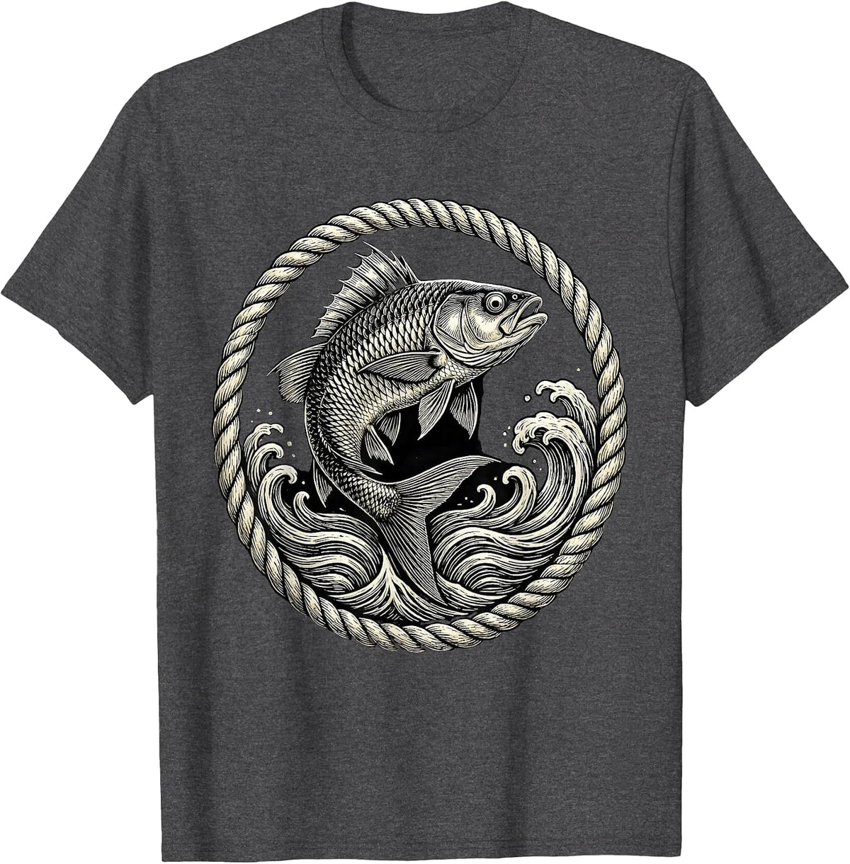 Men's Ichthus Fish Leaping Ocean Waves Christian Art T-Shirt - Dark Heather Grey