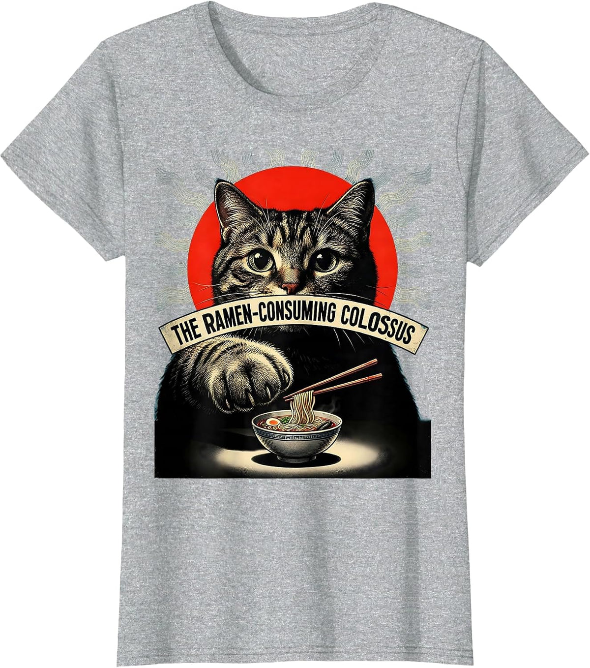 The Ramen-Consuming Colossus Pulp Cover Vintage Kaiju Cat T-Shirt - Heather Grey