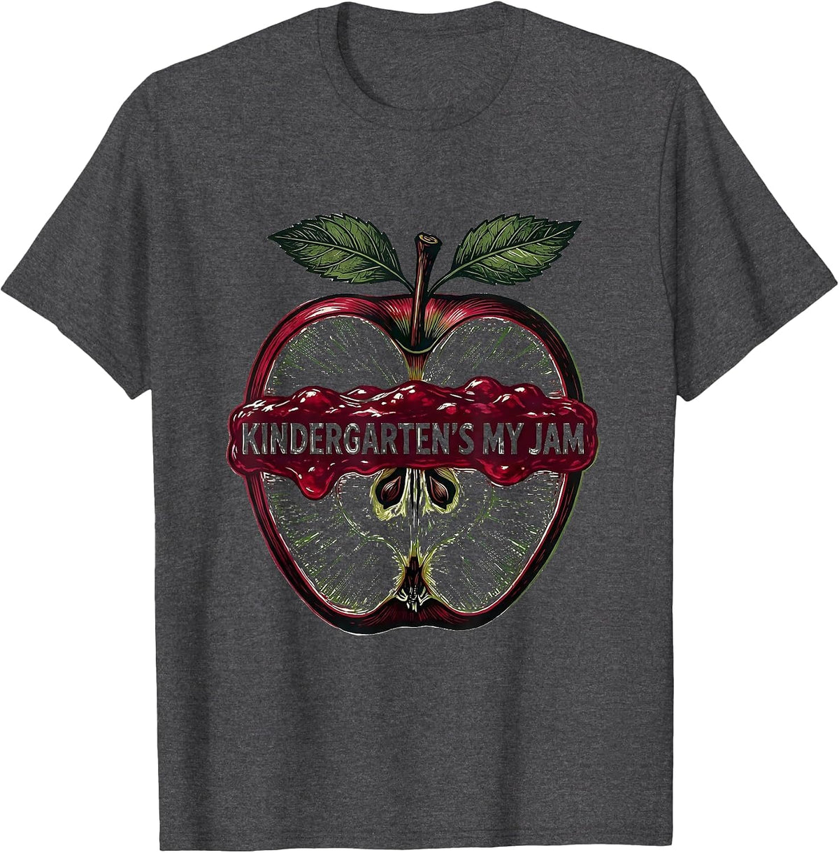 Kindergarten's My Jam Linocut Strawberry Teacher Back T-Shirt - Dark Heather Grey