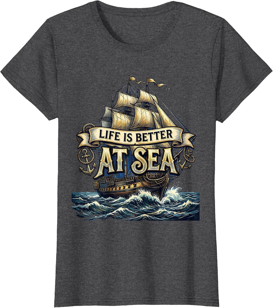 Women's Life Is Better At Sea Navy Ocean Design T-Shirt - Dark Heather Grey