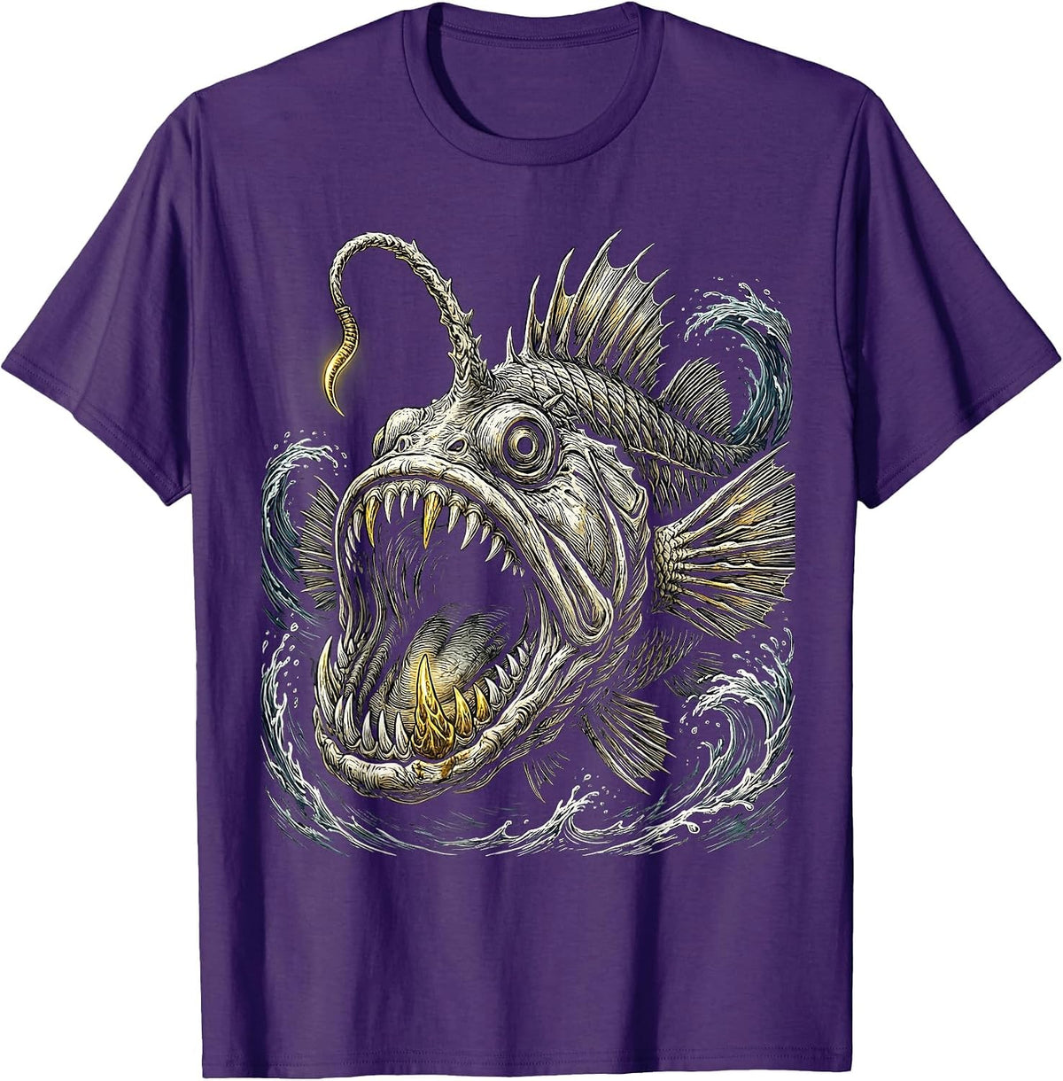 Pirate Anglerfish Deep Sea Gold Tooth Illustration T-Shirt - Purple