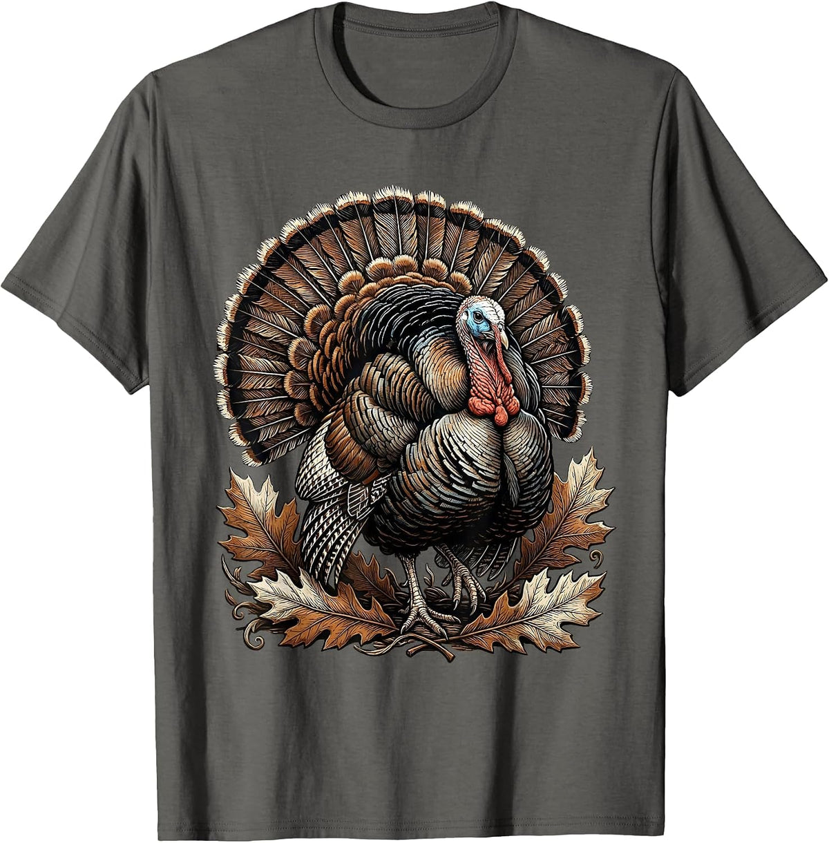 Men's Strutting Turkey Autumn Leaves Thanksgiving Design T-Shirt - Asphalt Grey