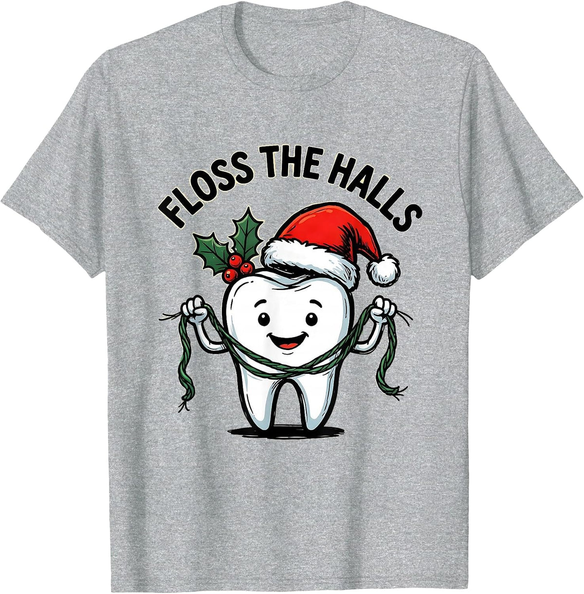 Men's Floss The Halls Funny Dental Christmas Tooth Character Humor T-Shirt - Heather Grey