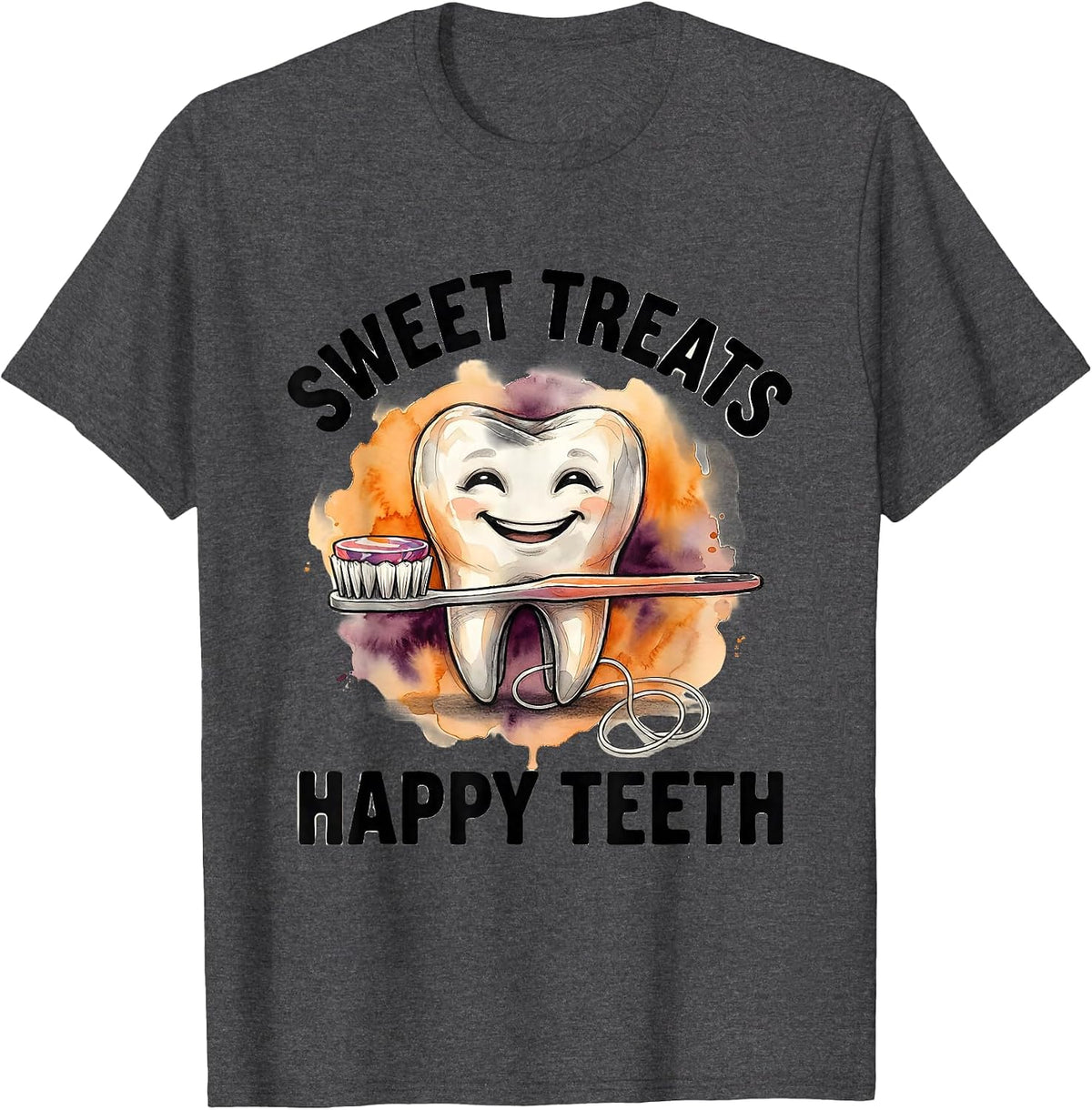 Men's Sweet Treats Happy Teeth Watercolor Dental Humor Halloween T-Shirt - Dark Heather Grey