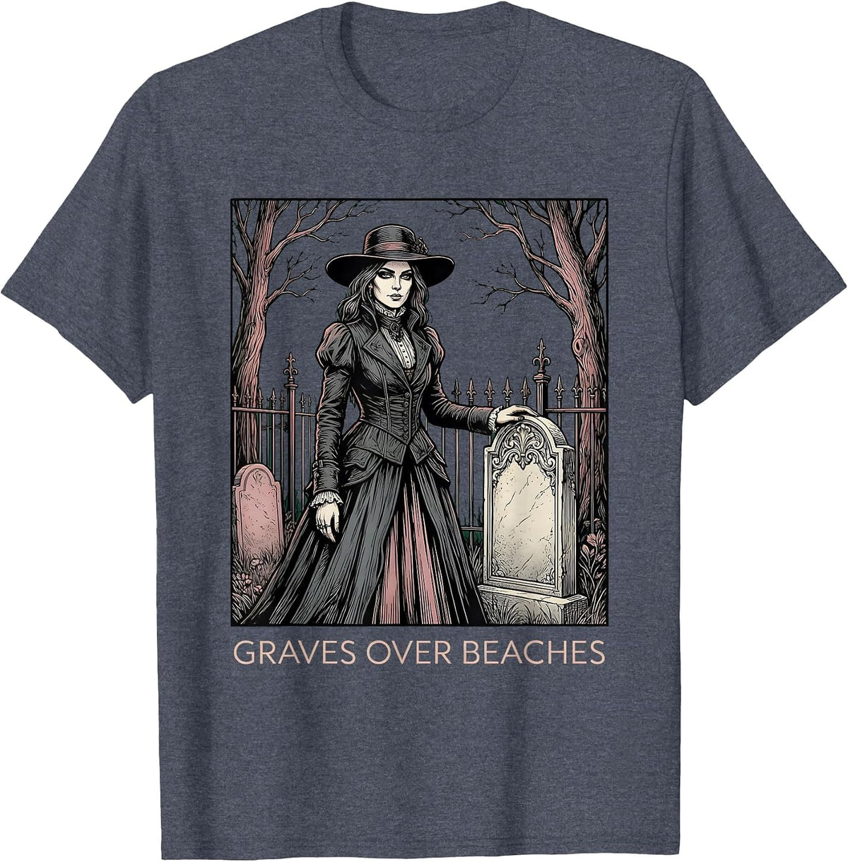 Graves Over Beaches Goth Dark Aesthetic Design T-Shirt - Heather Blue