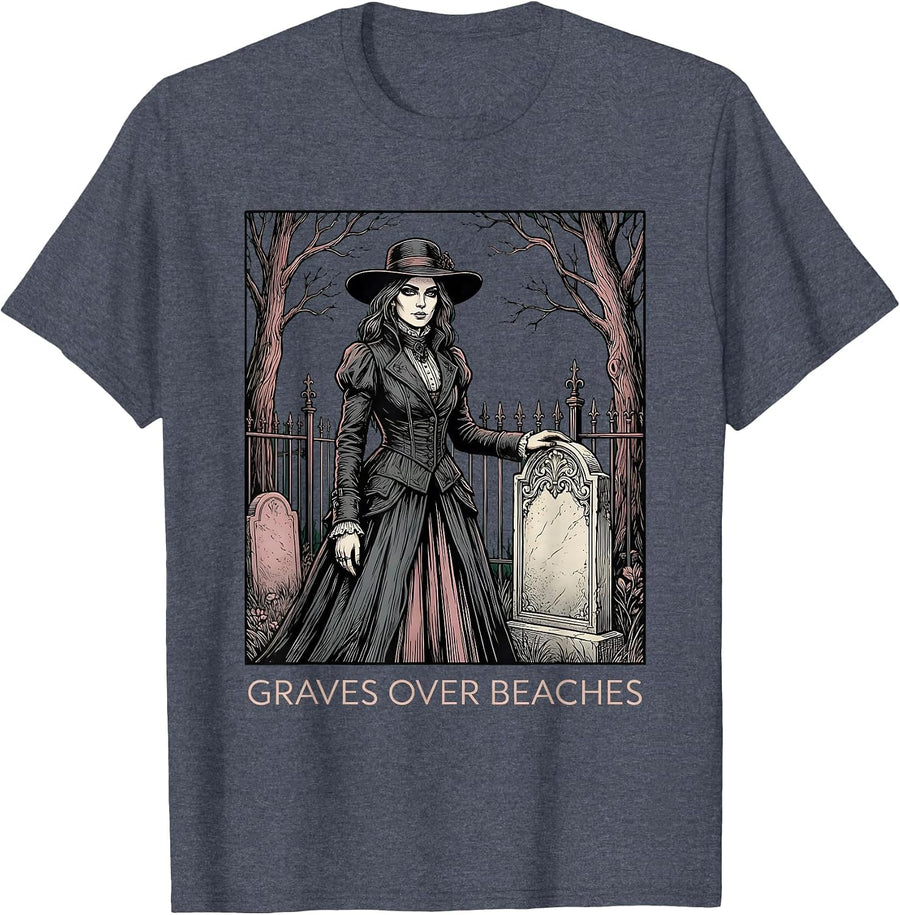 Graves Over Beaches Goth Dark Aesthetic Design T-Shirt - Heather Blue