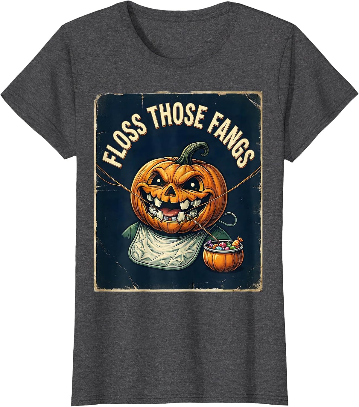 Women's Floss Those Fangs Vintage Halloween Dentist Dental Humor T-Shirt - Dark Heather Grey
