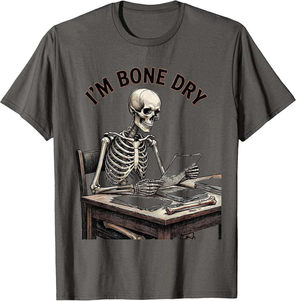 Men's I'm Bone Dry Crosshatch Etching Halloween Skeleton Humor T-Shirt - Asphalt Grey