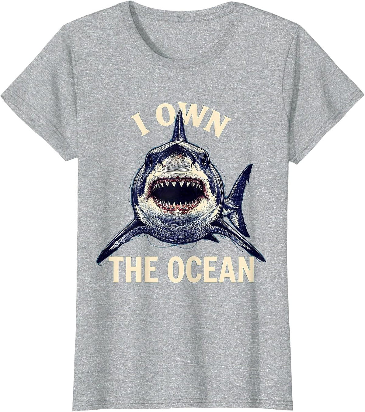 I Own The Ocean Bold Shark Graphic Design T-Shirt - Heather Grey