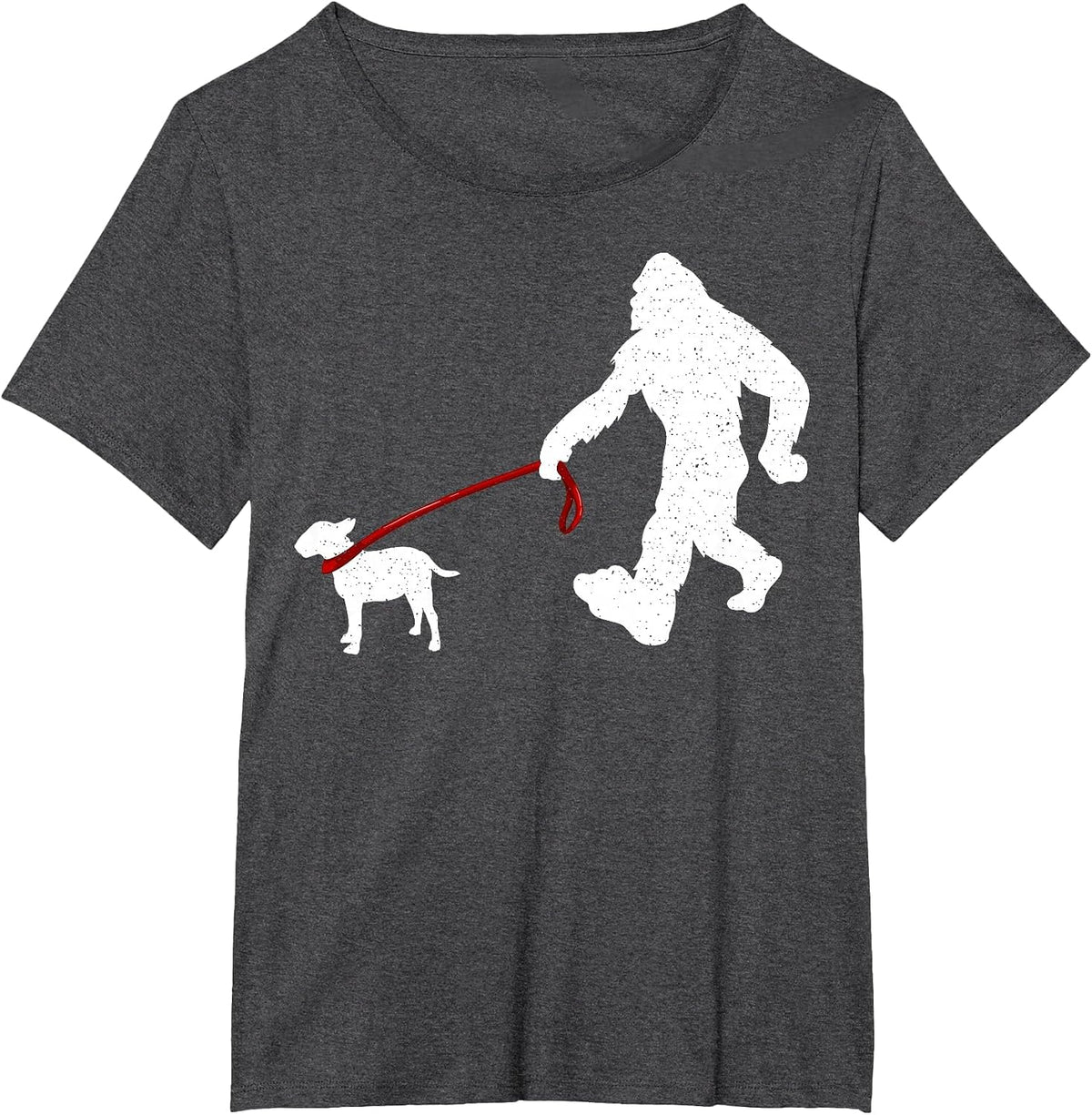 Funny Bigfoot Walking with Bull Terrier Dog T-Shirt - Dark Heather Grey