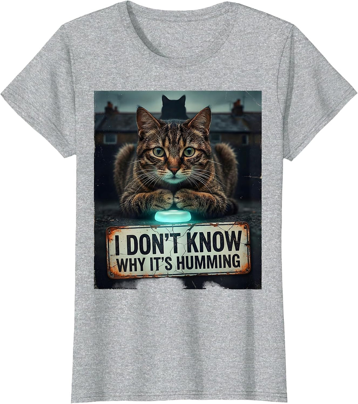 I Don't Know Why It's Humming Distressed Funny Cat UFO Meme T-Shirt - Heather Grey