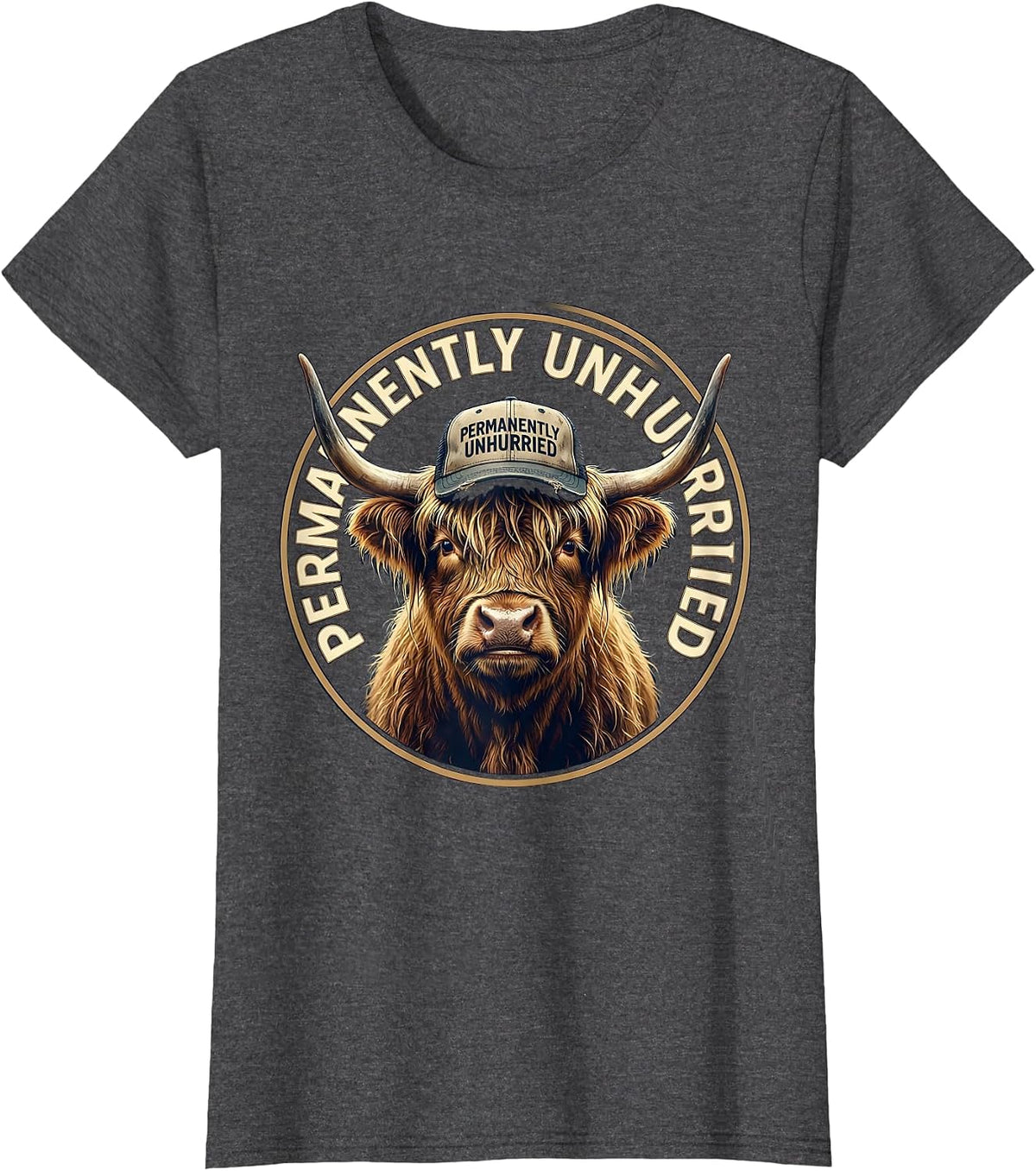 Women's Permanently Unhurried Highland Cow Humor Farm Life T-Shirt - Dark Heather Grey