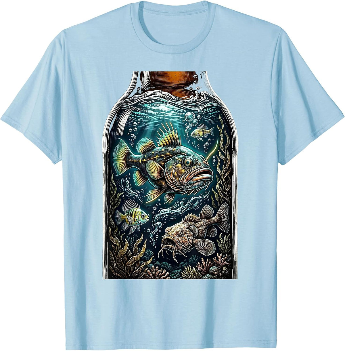 Men's Deep Sea Fish in a Beer Bottle Illustration T-Shirt - Baby Blue