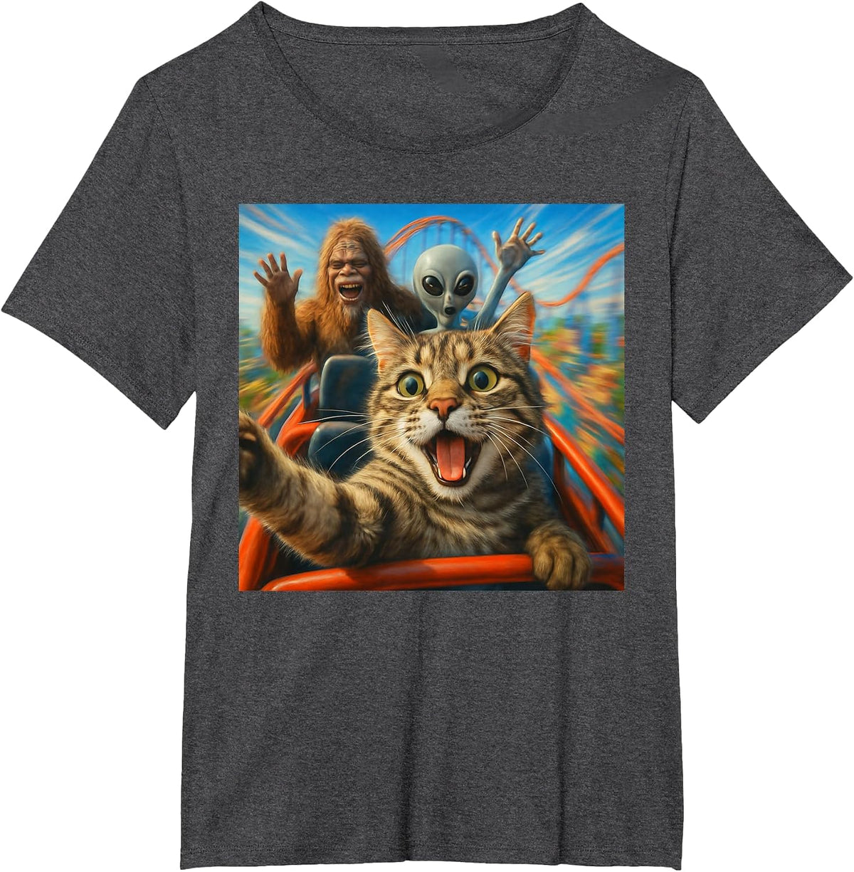 Funny Cat Selfie with Big Foot & Alien Roller Coaster Meme T-Shirt - Dark Heather Grey