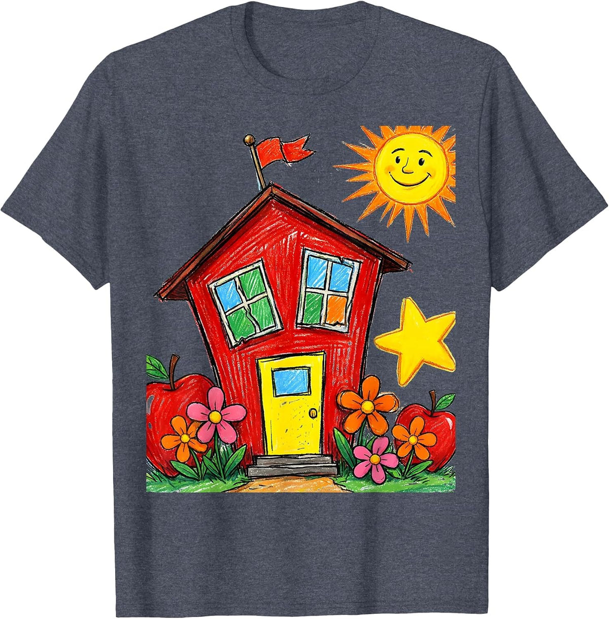 First Grade Teacher Schoolhouse Graphic T-Shirt - Heather Blue