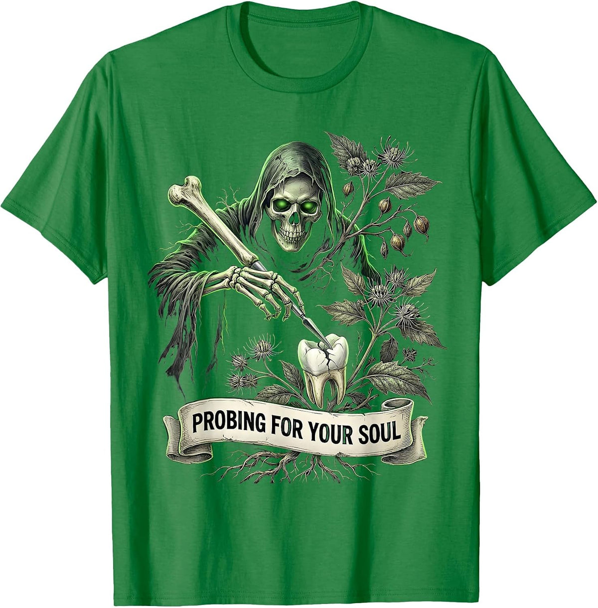 Men's Halloween Dental Periodontal Probe Grim Reaper Design T-Shirt - Kelly Green