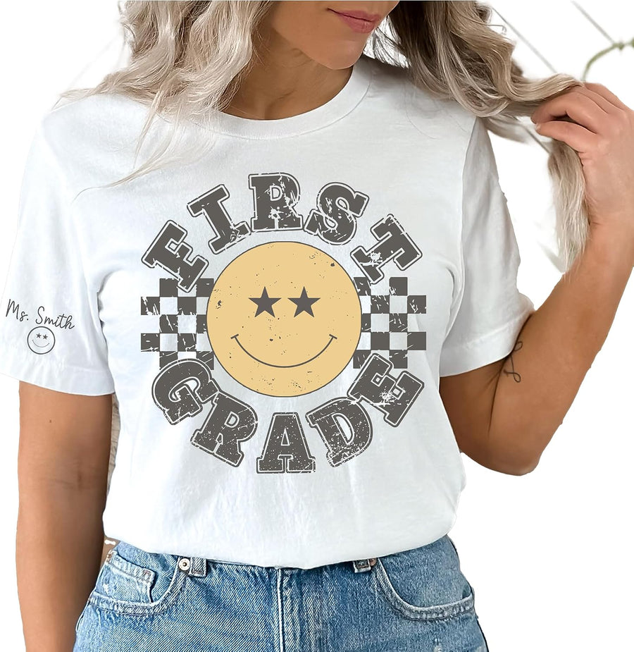 Retro Teacher Shirts First Grade Teacher Shirt 1st Grade Teacher Tshirt Back to School Tshirt Custom Teacher Outfits Smiling