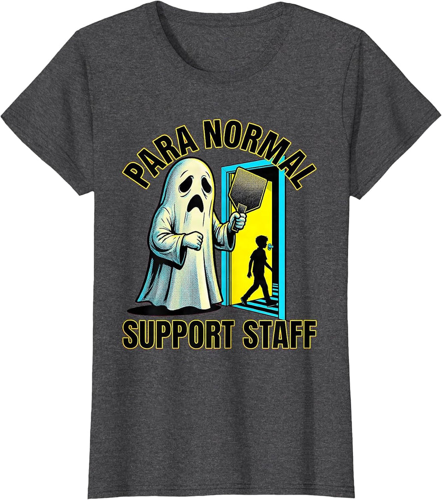Women's Para Normal Support Staff Pop Art Ghost Halloween T-Shirt - Dark Heather Grey