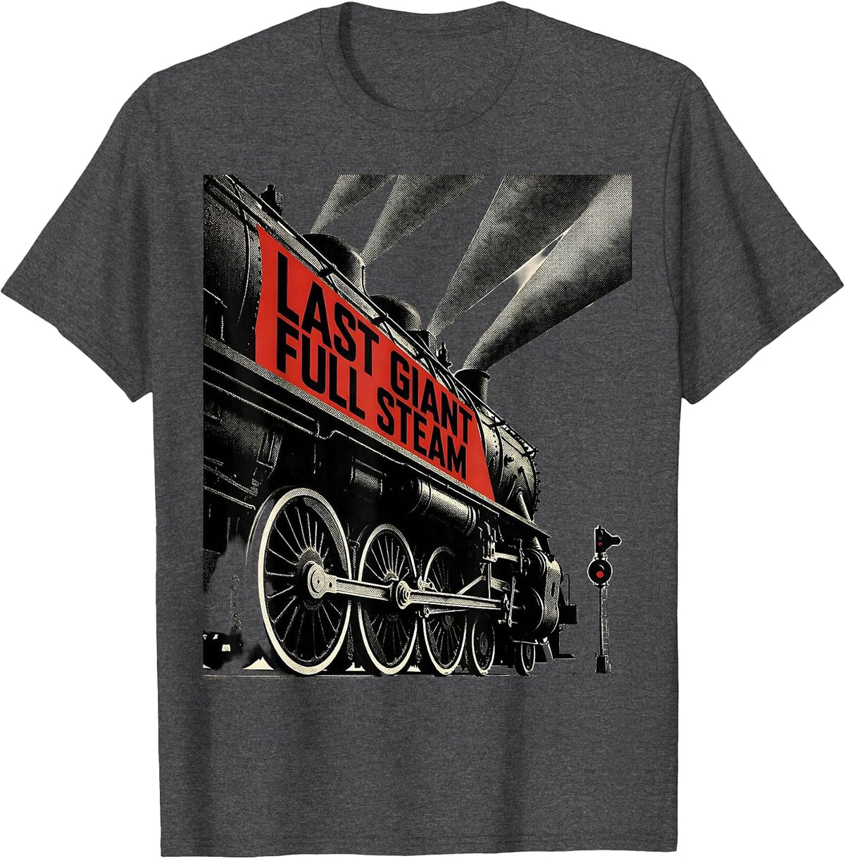 Men's Last Giant Full Steam Constructivist Poster Steam Train T-Shirt - Dark Heather Grey