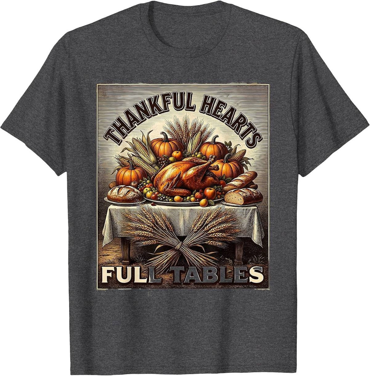 Men's Thankful Hearts Full Tables Thanksgiving Family T-Shirt - Dark Heather Grey