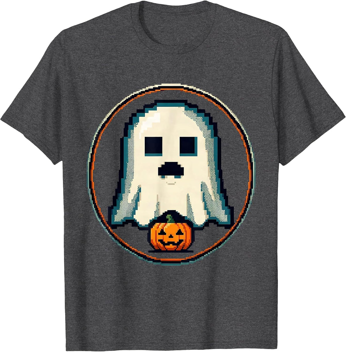 Cute Kawaii Pixel Art Ghost Halloween Novelty T-Shirt - Dark Heather Grey