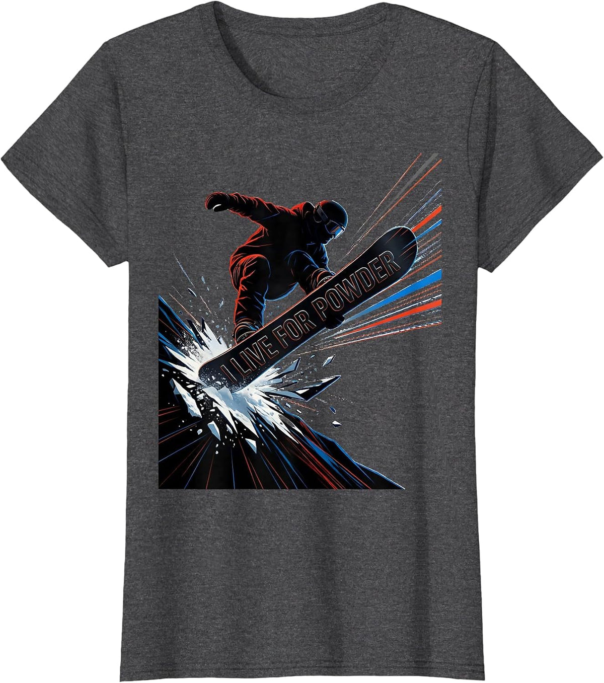 Women's I Live For Powder Futurist Snowboarder Winter Sports Humor T-Shirt - Dark Heather Grey