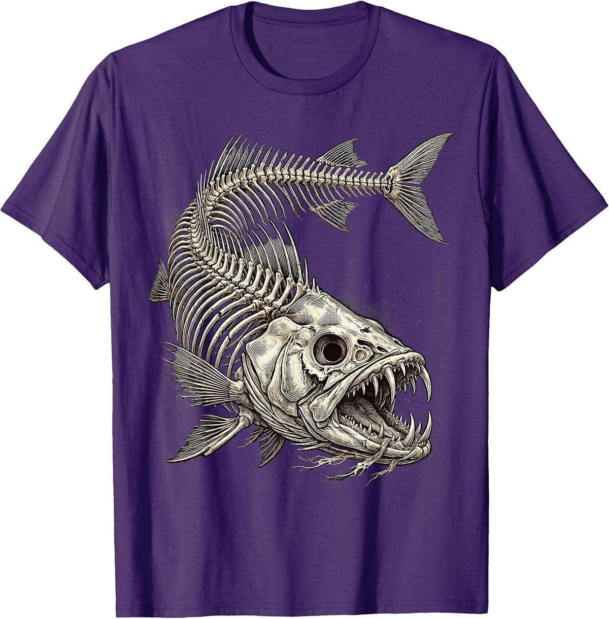 Skeletal Fish Horror Deep Abyss Graphic Design T-Shirt - Purple