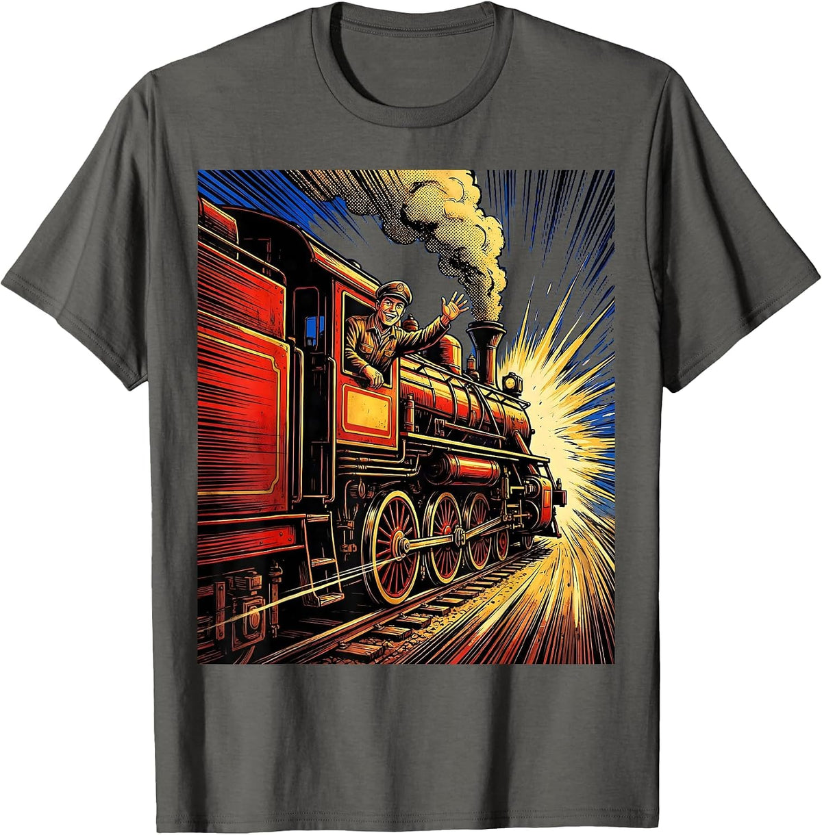 Smiling Engineer Waving From Speeding Train T-Shirt - Asphalt Grey