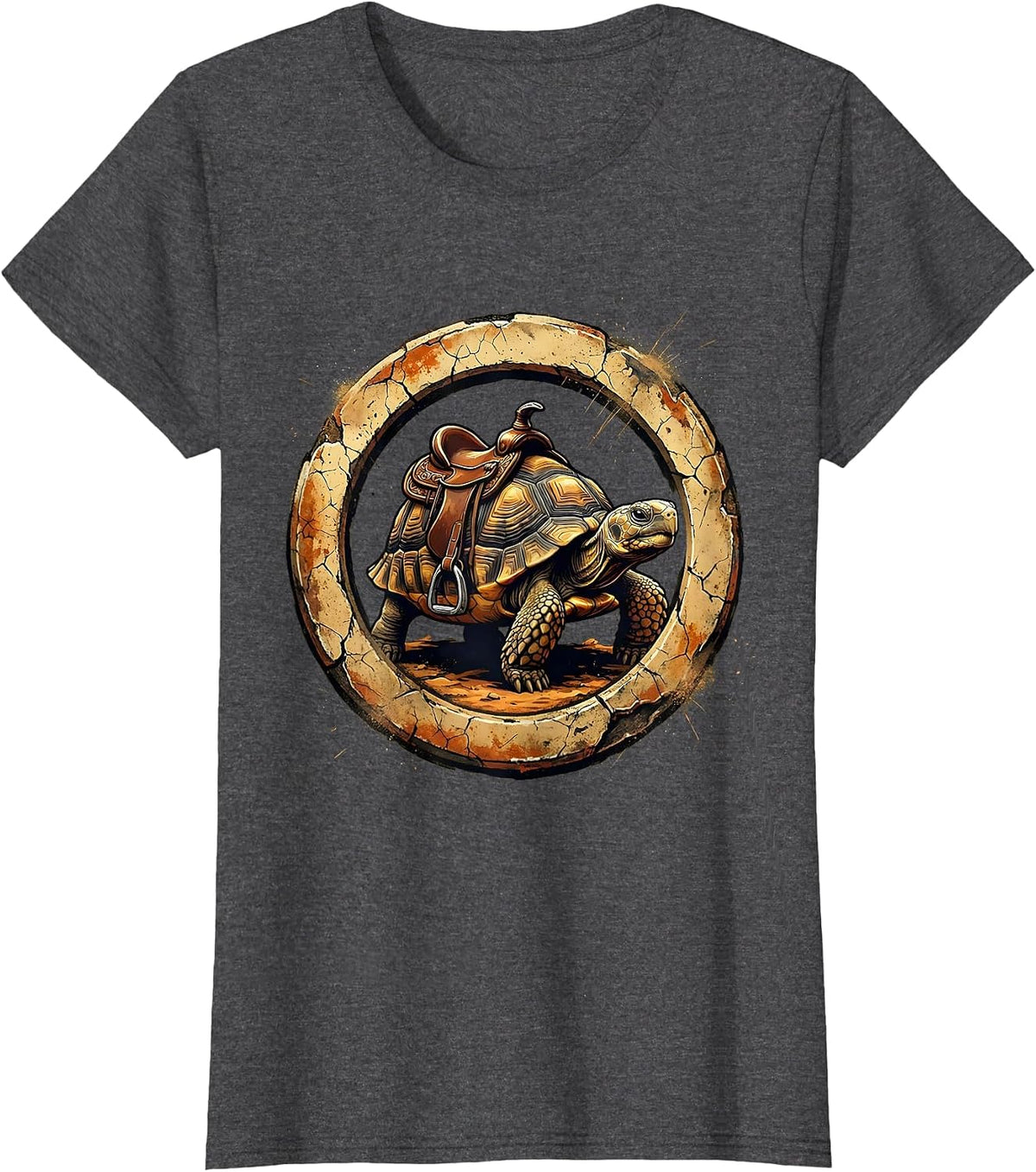Women's Howdy Desert Tortoise With Saddle Graphic Tee T-Shirt - Dark Heather Grey