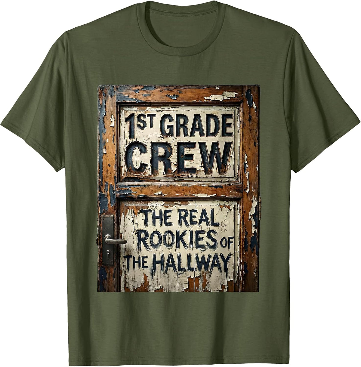 1st Grade Crew The Real Rookies Distressed Teacher T-Shirt - Olive Green