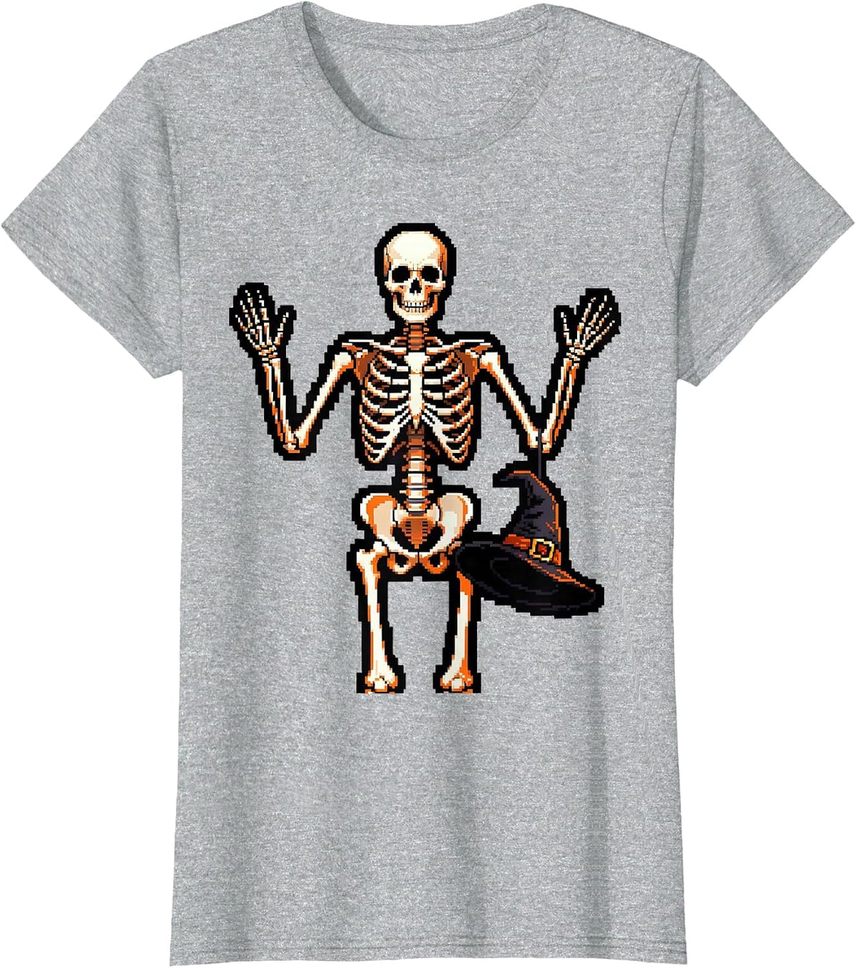 Dabbing Skeleton Pixel Art Halloween Meme Humor T-Shirt - Heather Grey