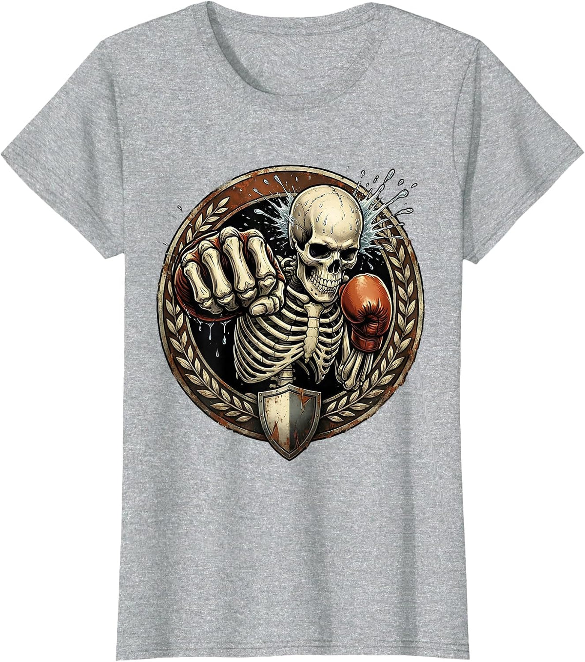 Skeleton Boxer Mid-Punch Graphic Design T-Shirt - Heather Grey