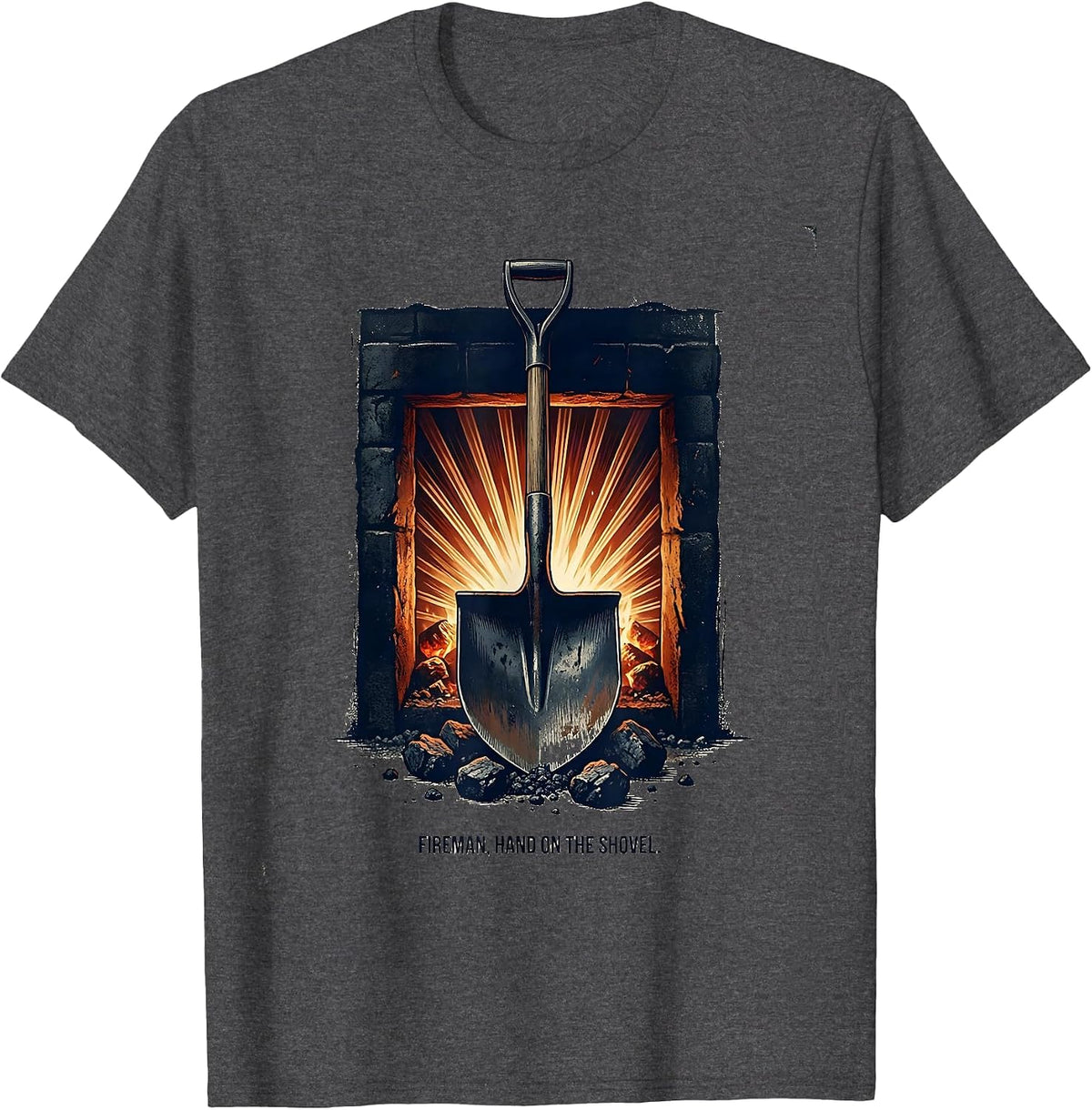 Men's Fireman, Hand On The Shovel Vintage Steam Train Engineer T-Shirt - Dark Heather Grey