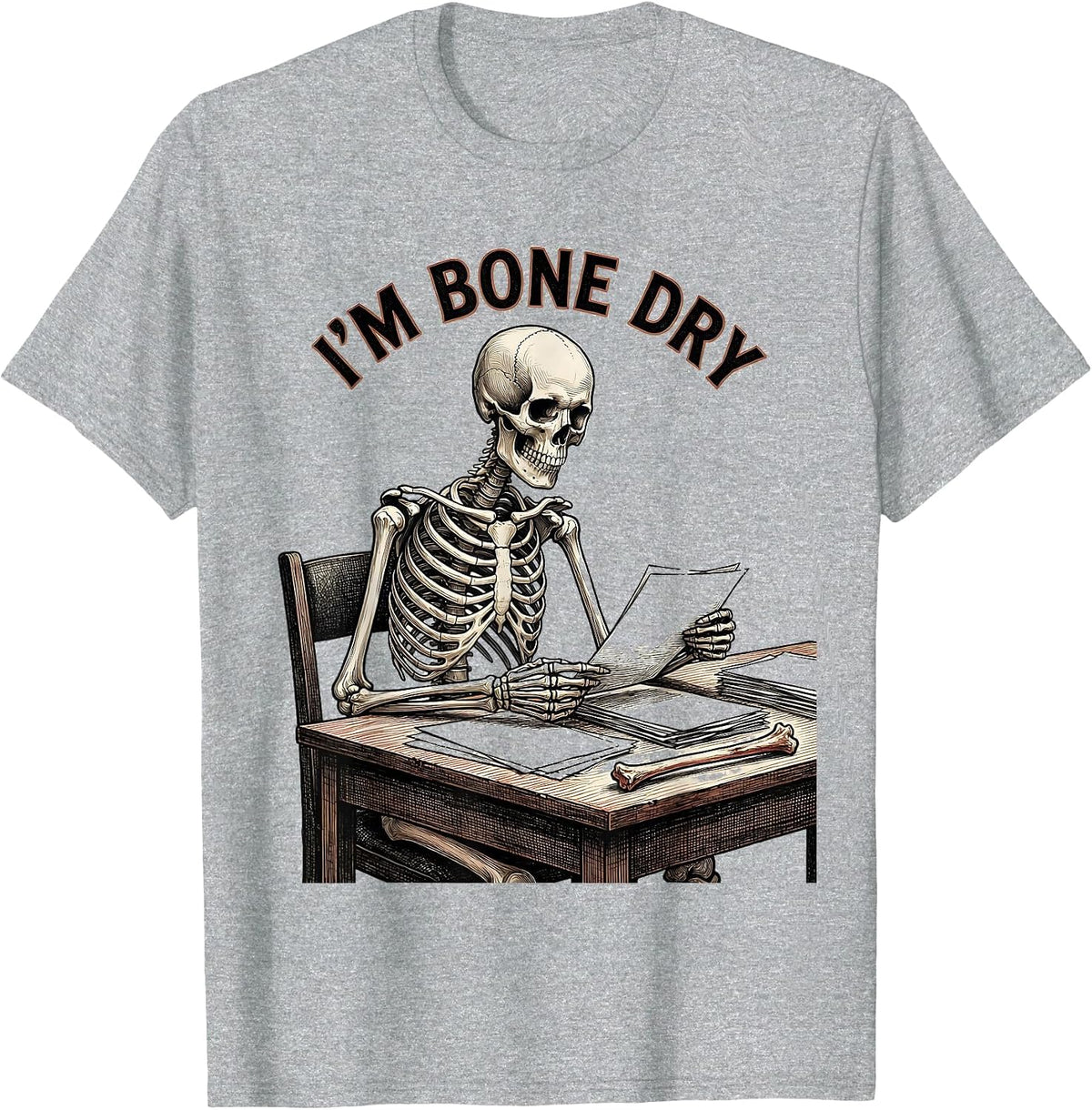 Men's I'm Bone Dry Crosshatch Etching Halloween Skeleton Humor T-Shirt - Heather Grey