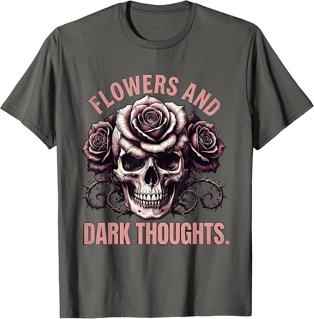 Flowers and Dark Thoughts Goth Floral Design T-Shirt - Asphalt Grey