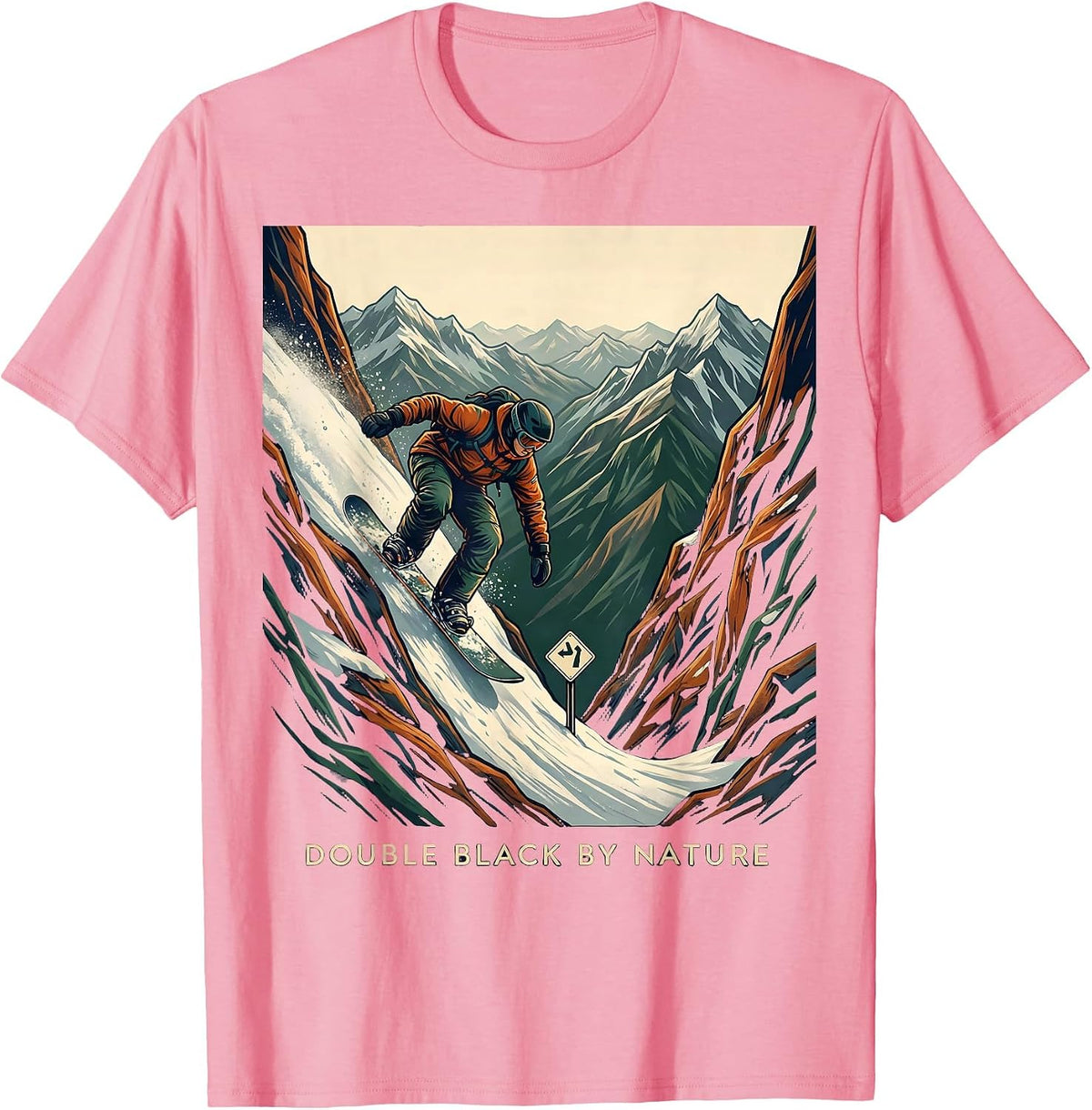 Men's Double Black By Nature Funny Ski Snowboard Winter Sports T-Shirt - Pink