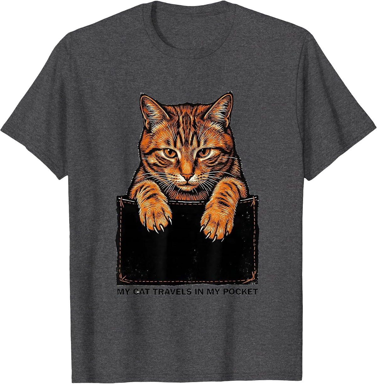 Men's My Cat Travels In My Pocket Playful Cat Lover Linocut T-Shirt - Dark Heather Grey